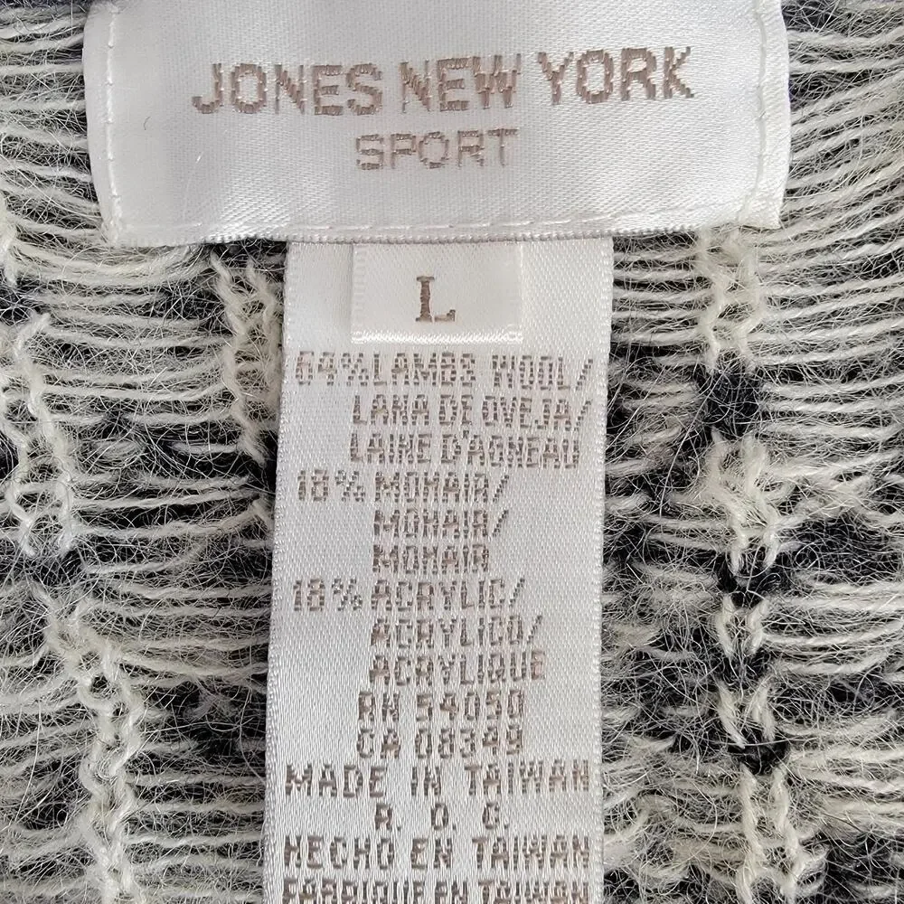 Jones New York Lambswool Mohair Cardigan Zip Sweater Gray Snowflakes Winter Sz L